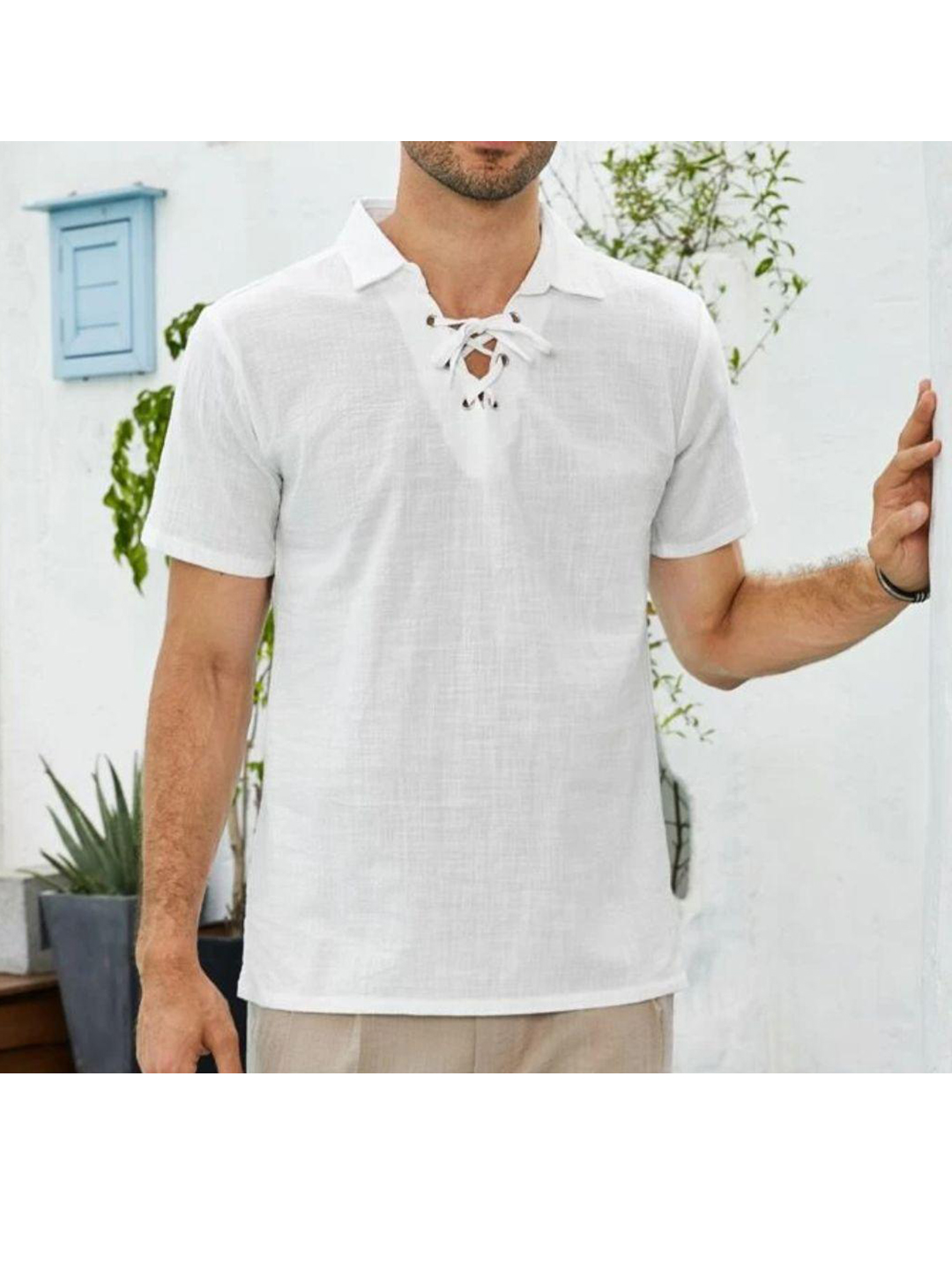 Men's Adams Lace-up Short Sleeve Casual Cotton Linen Shirt-poisonstreetwear.com