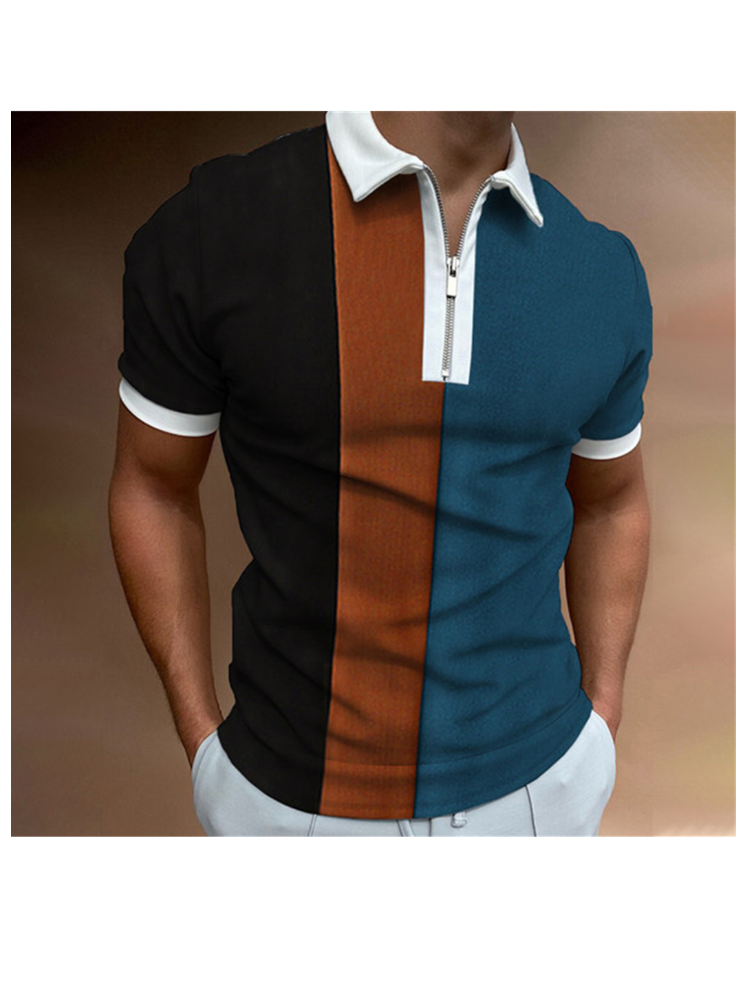 Men's Miller Color Block Casual Zipper Short Sleeve Polo Shirt-poisonstreetwear.com
