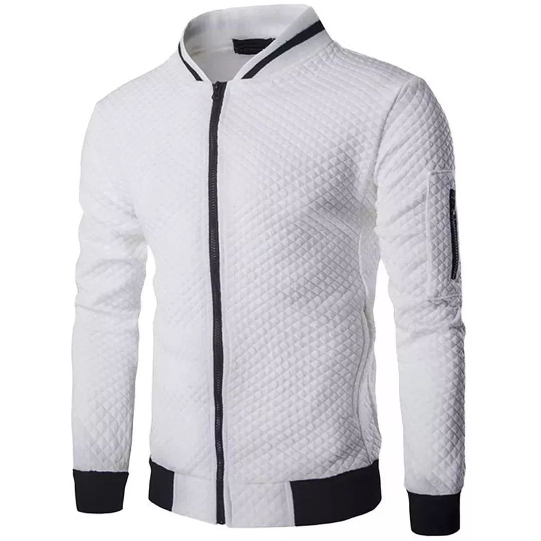 Men's Jacquard Small Check Solid Color Zip Up Sweat Bomber Jacket-poisonstreetwear.com