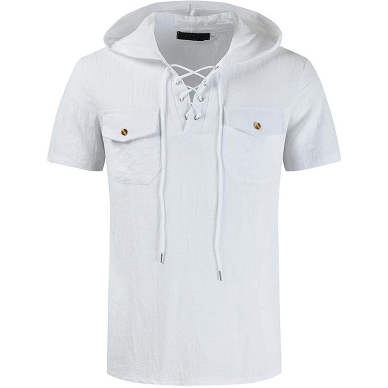 Men's Cotton Linen Lace-up Double Pocket Hooded Short Sleeve Shirt-poisonstreetwear.com