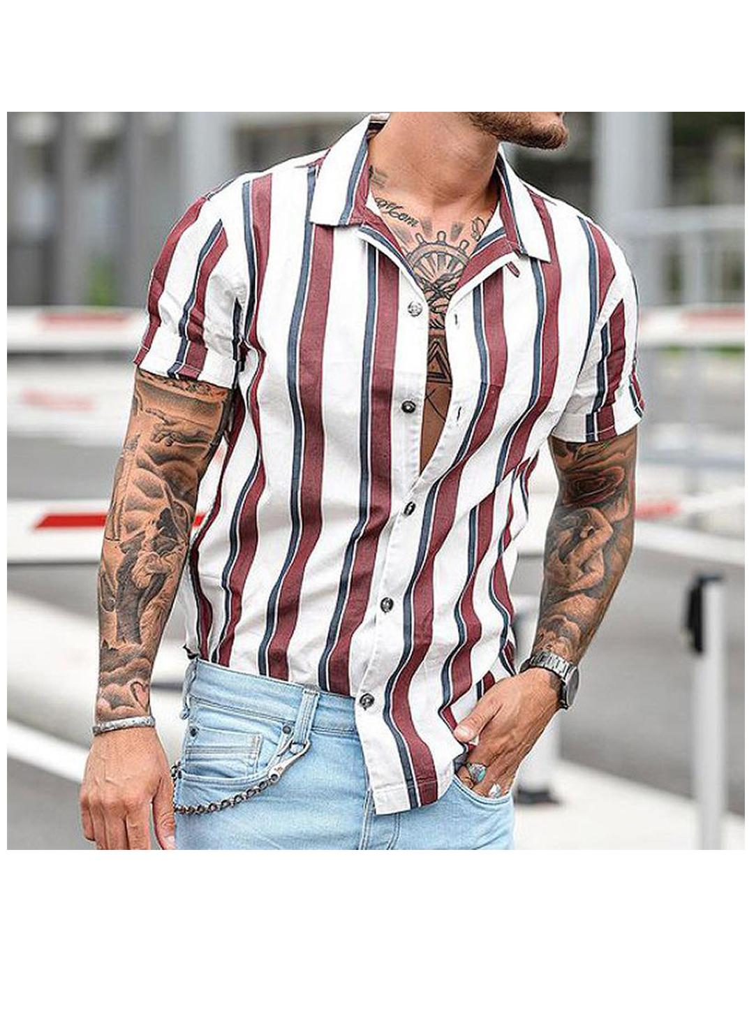Men's Dotson Casual Striped Print Short Sleeve Shirt-poisonstreetwear.com