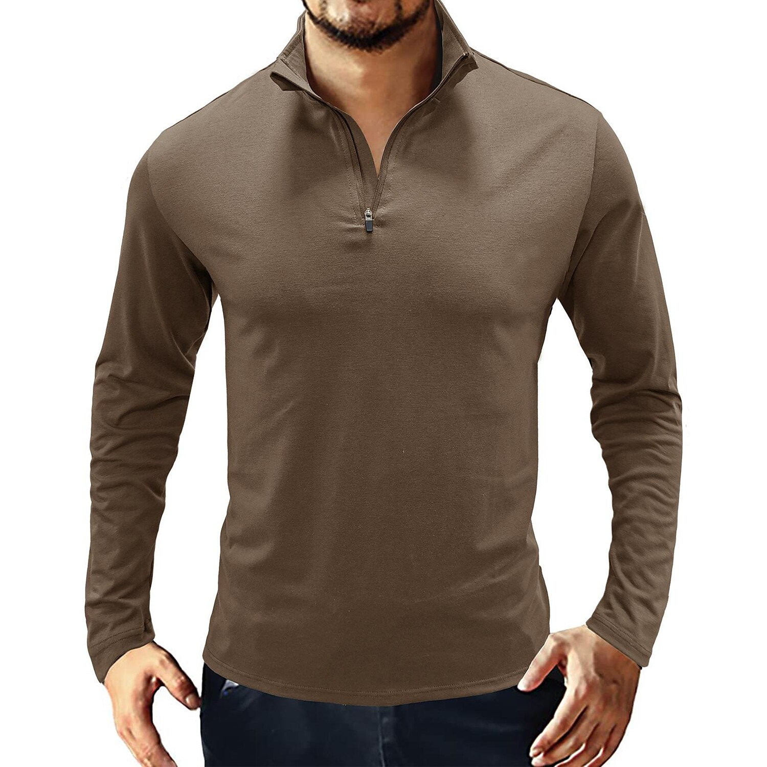 Men's Stand Collar Zip Solid Color Long Sleeve T-Shirt-poisonstreetwear.com