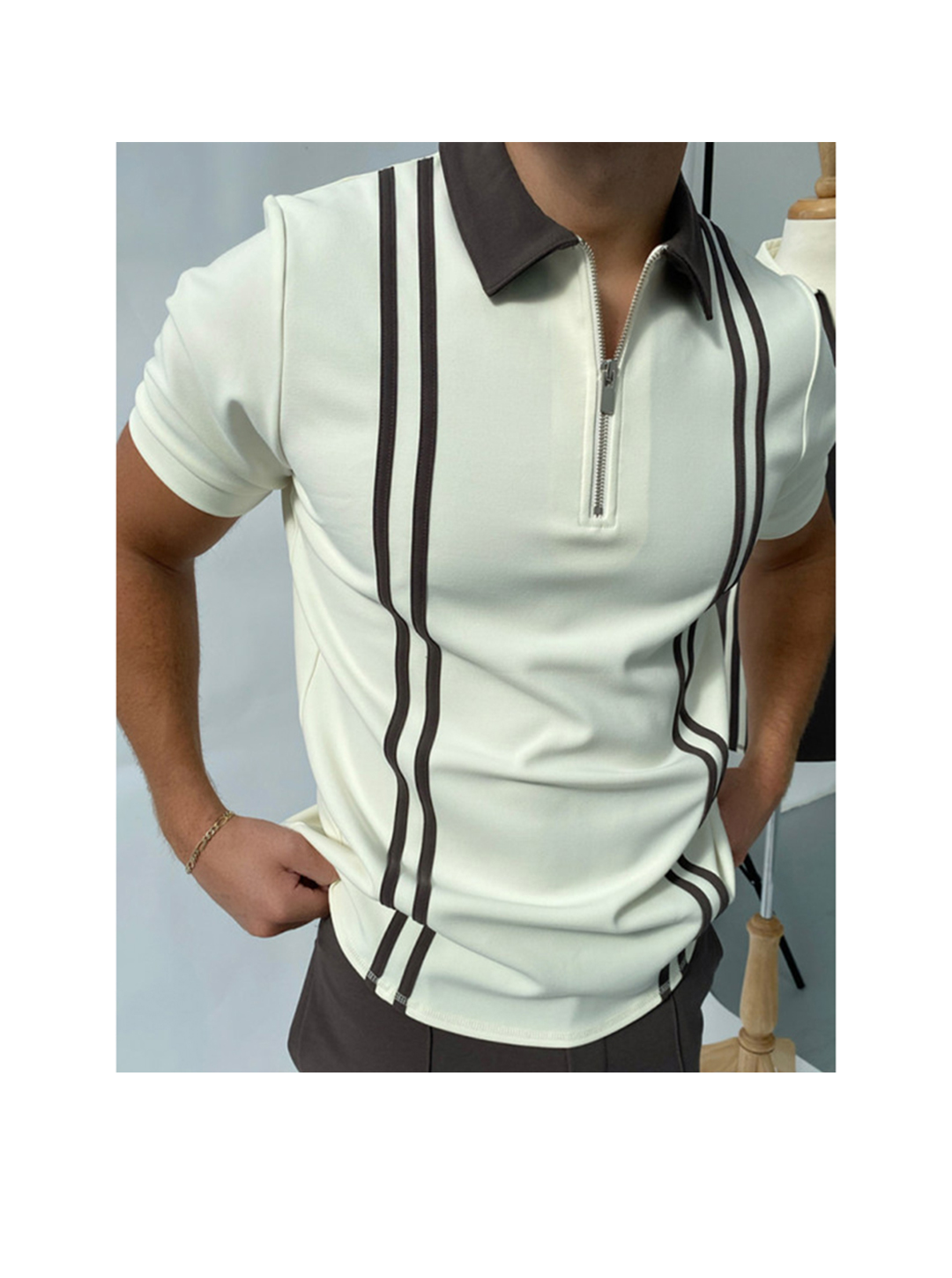 Men's Earl 3D Print Striped Casual Zipper Short Sleeve Polo T-shirt-poisonstreetwear.com