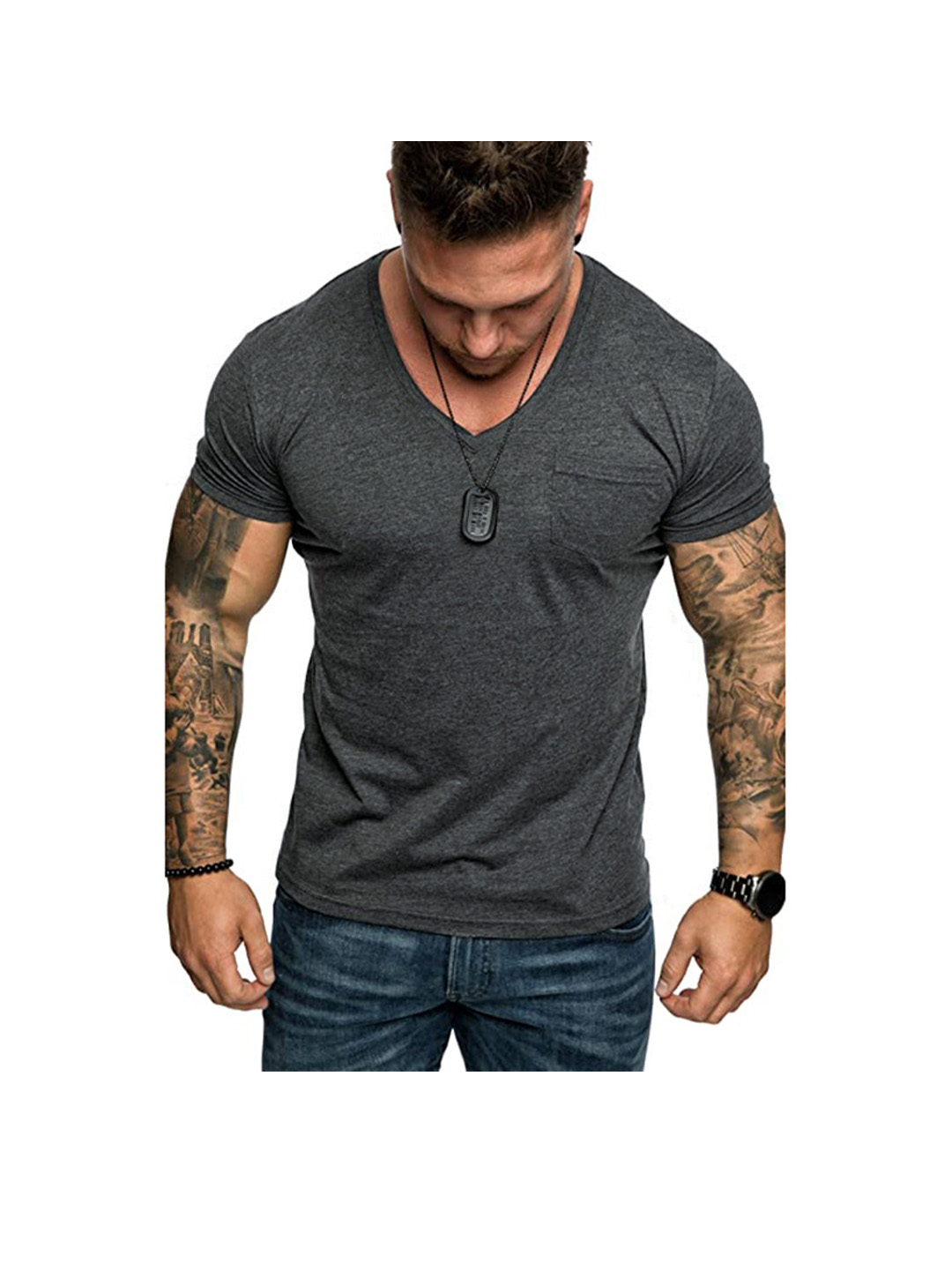 Men's Dennis Solid Color Patch Pocket V-neck T-shirt-poisonstreetwear.com
