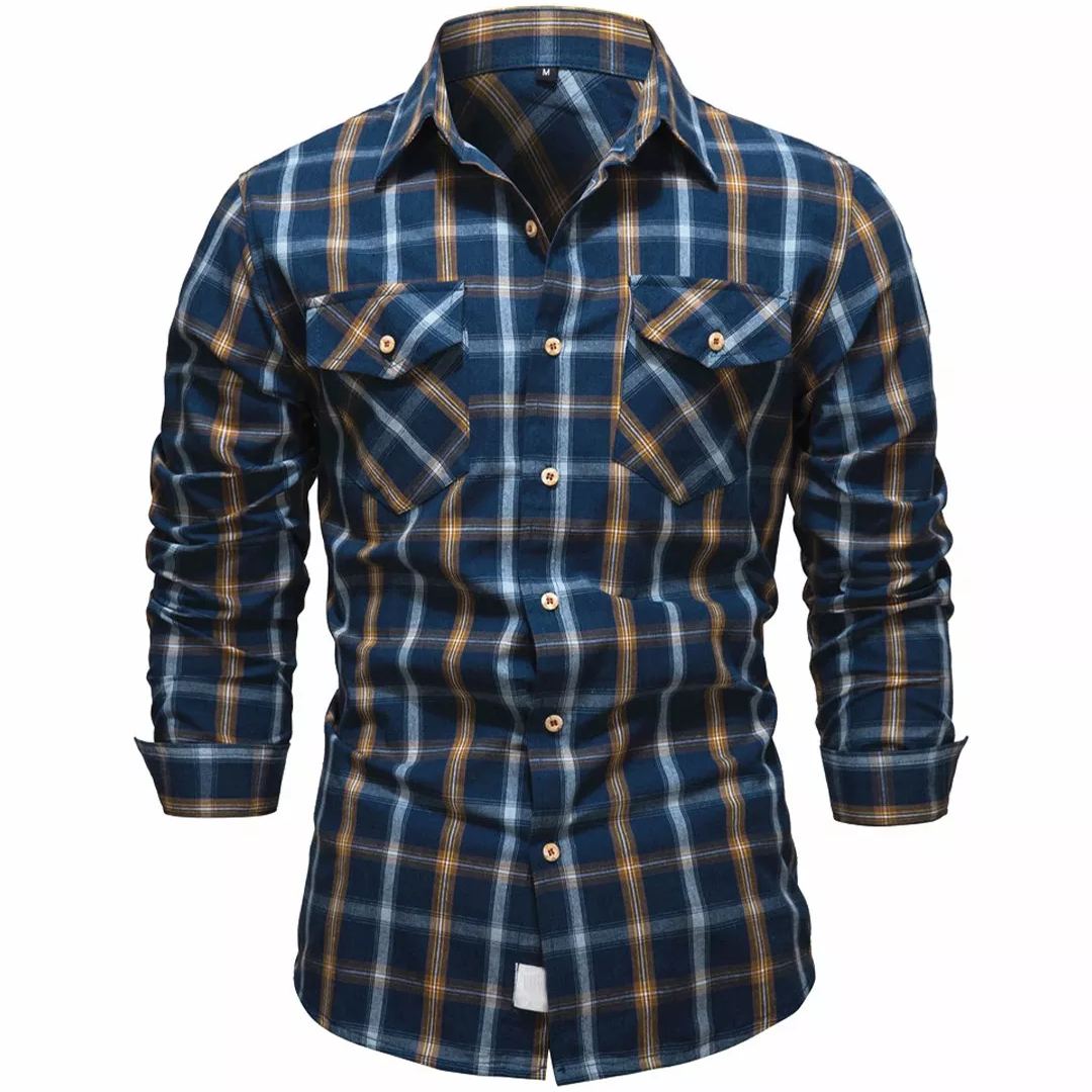 Men's Casual Double Pocket Check Long-sleeved Shirt-poisonstreetwear.com