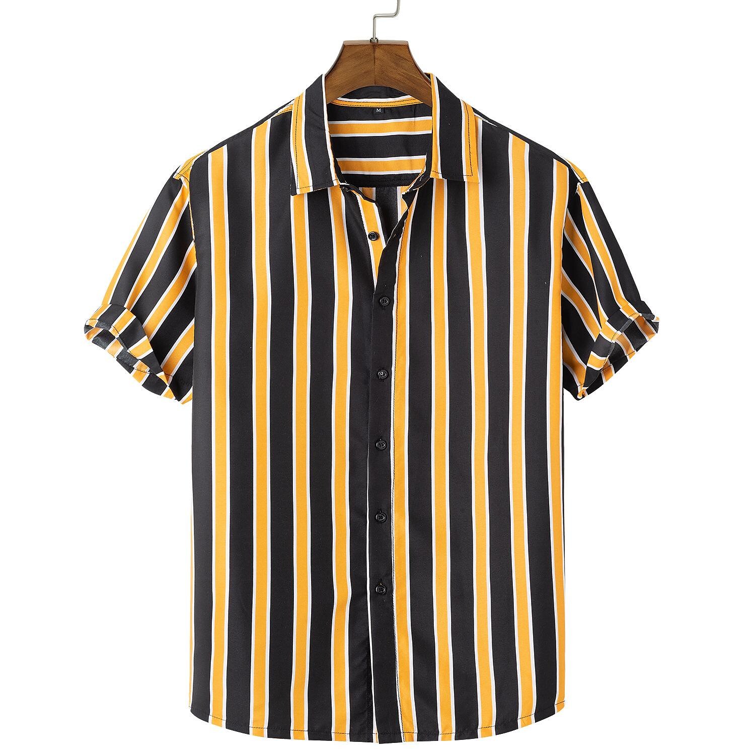 Men's Yellow And Black Striped Print Short Sleeve Shirt-poisonstreetwear.com