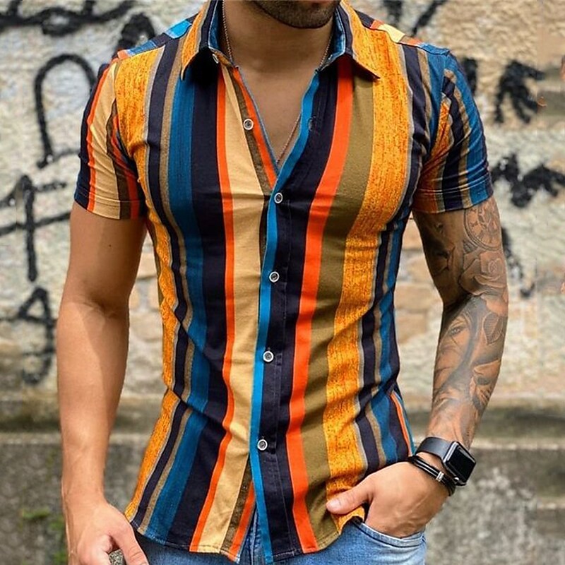 Men's Striped Button-Down Short Sleeve Shirt-poisonstreetwear.com