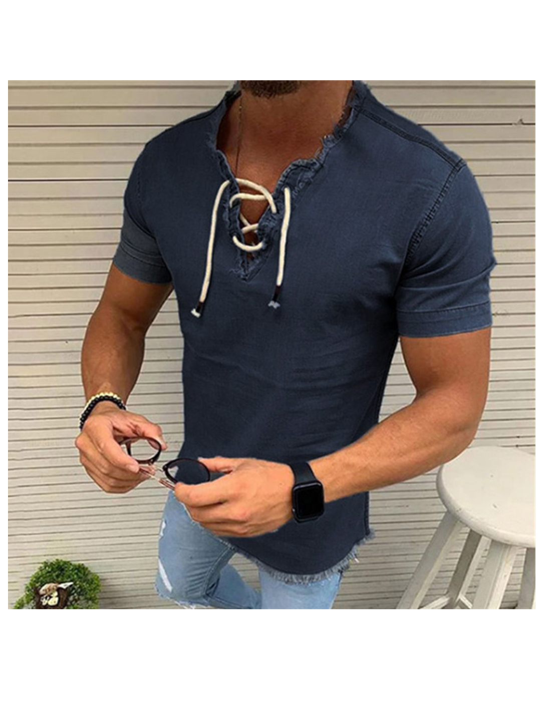 Men's Otis Solid Color Stand Collar Drawstring Short Sleeve Shirt-poisonstreetwear.com