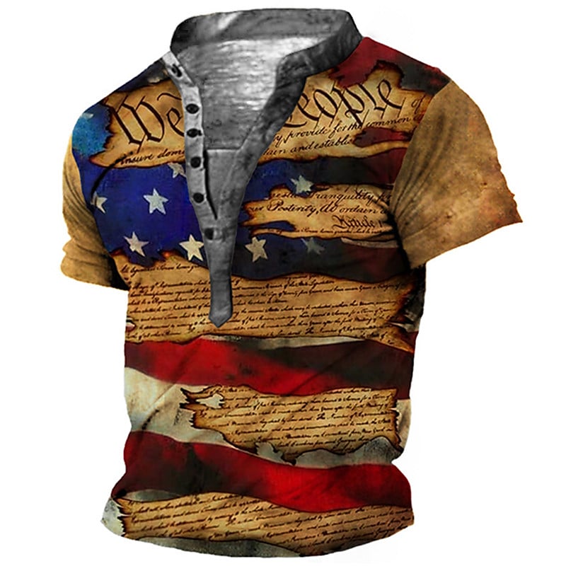 Men's 3D Print Graphic National Flag Letter Button-Down Short Sleeve Henley T-shirt-poisonstreetwear.com
