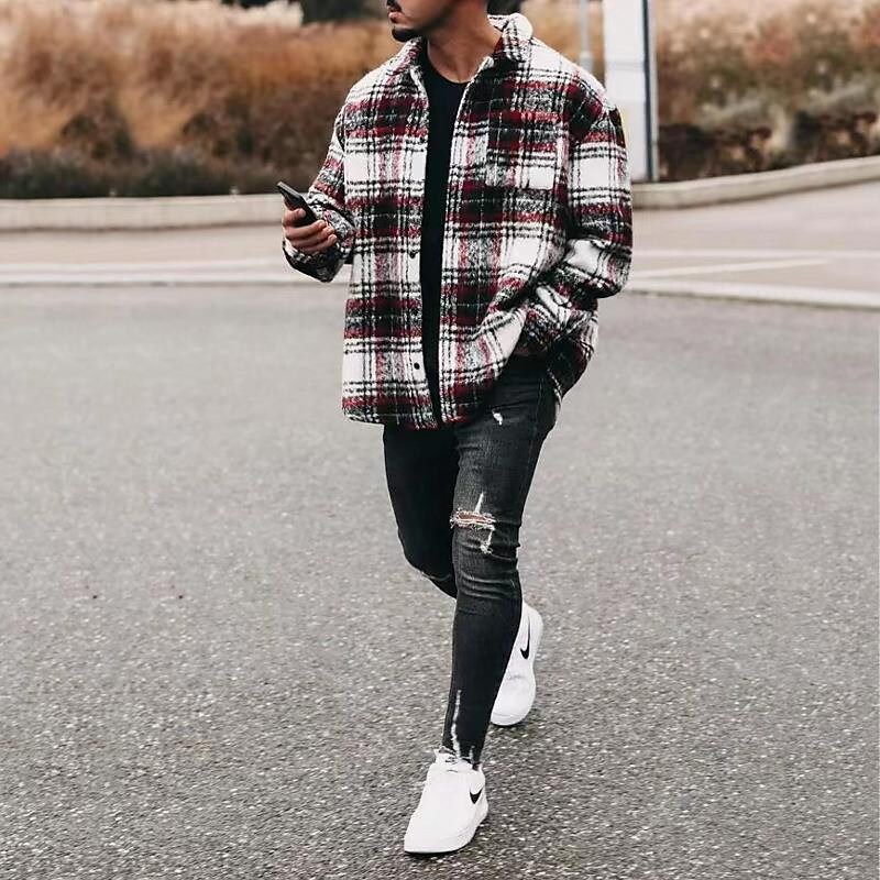 Men's Check Print Long Sleeve Shirts With Pocket-poisonstreetwear.com