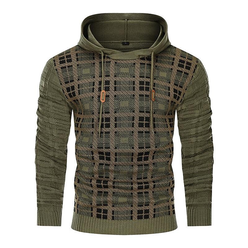Men's Pullover Color Block Jacquard Check Pattern Hooded Sweater-poisonstreetwear.com
