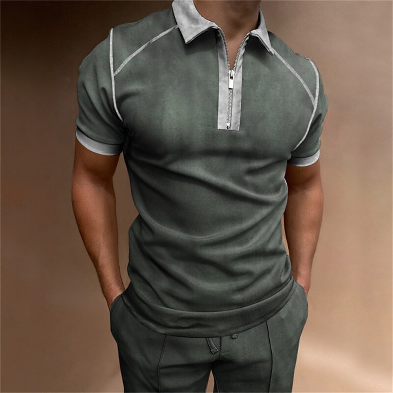 Men's Solid Color Casual Zipper Short Sleeve Polo T-shirt Dark Green-poisonstreetwear.com