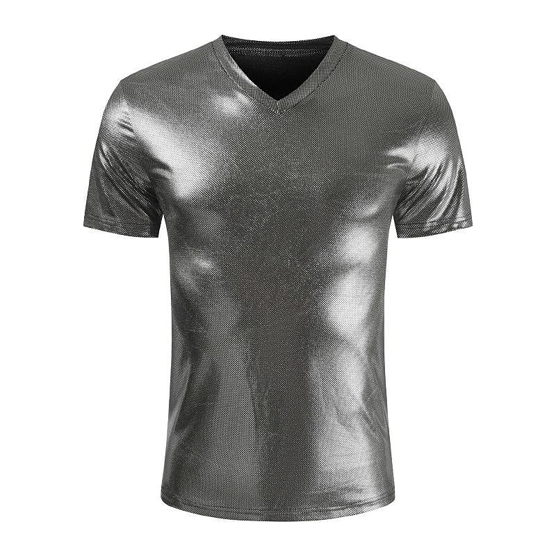 Men's Shiny Casual Solid Color Slim Fit Short Sleeve V-Neck T-Shirt-poisonstreetwear.com