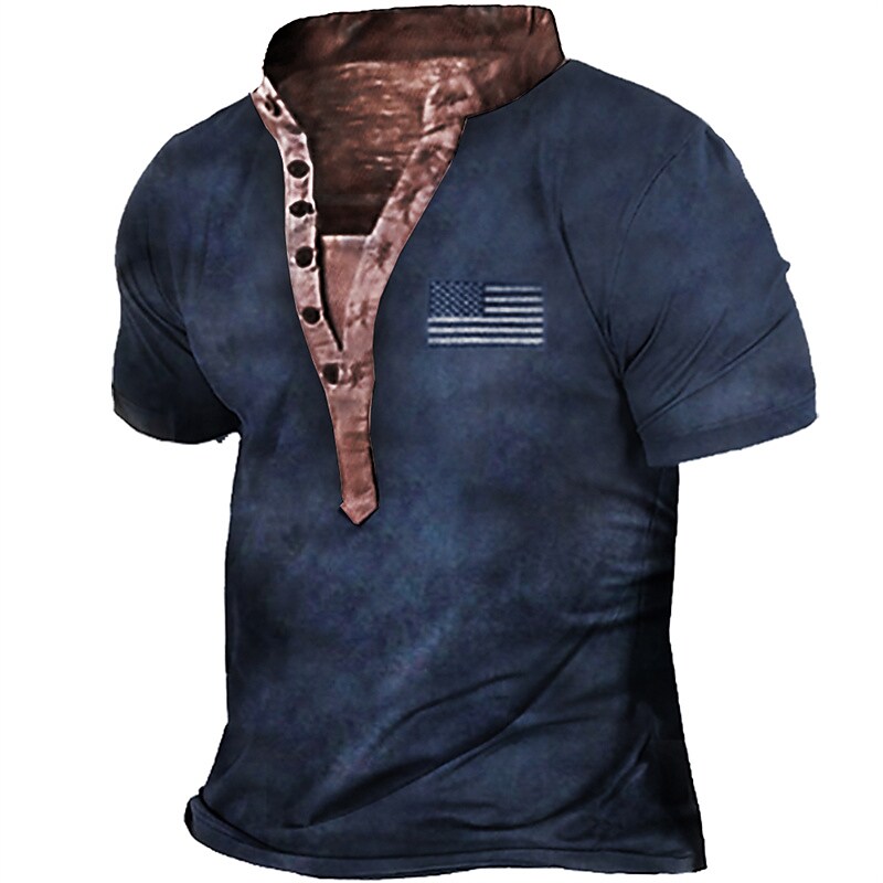 Men's 3D Print Graphic Flag Stand Collar Button-Down Short Sleeve T-shirt-poisonstreetwear.com