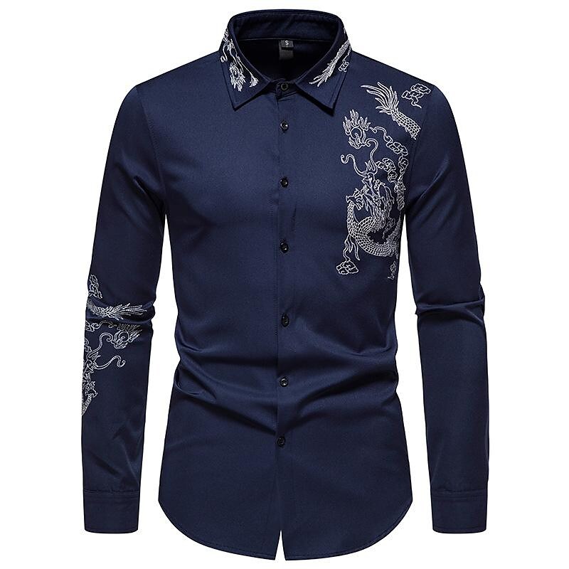 Poisonstreetwear Men's Trend Dragon Embroidered Long Sleeve Shirt-poisonstreetwear.com