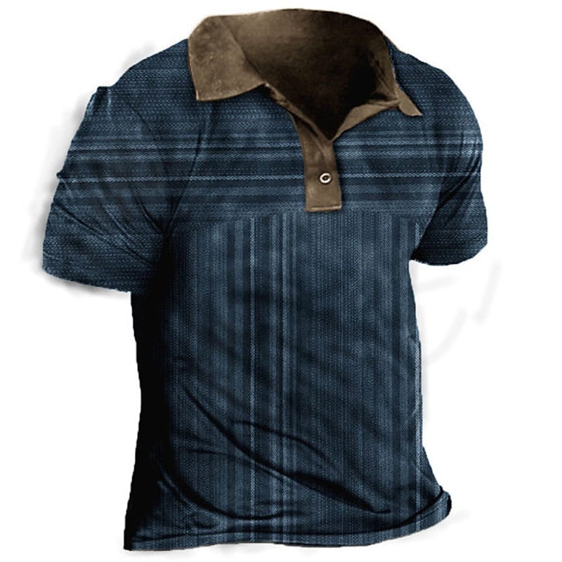 Men's 3D Print Striped Casual Button-Down Short Sleeve Polo T-shirt-poisonstreetwear.com