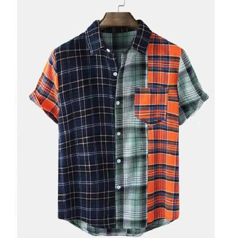 Men's Color Block Yarn-dyed Check Short Sleeve Shirt-poisonstreetwear.com