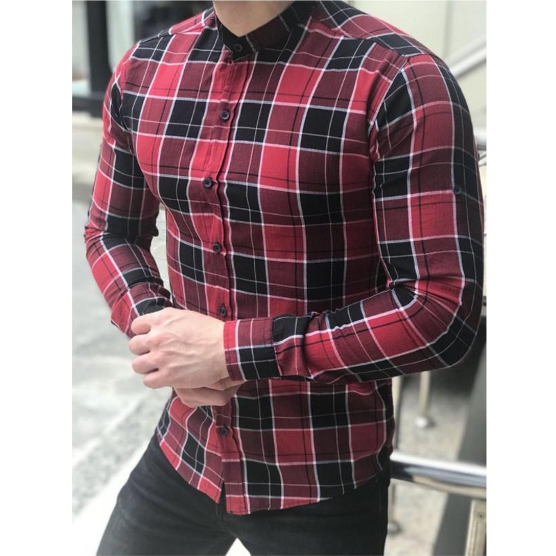 Poisonstreetwear Men's Stand Collar Check Casual Daily Long Sleeve Tops Basic-poisonstreetwear.com