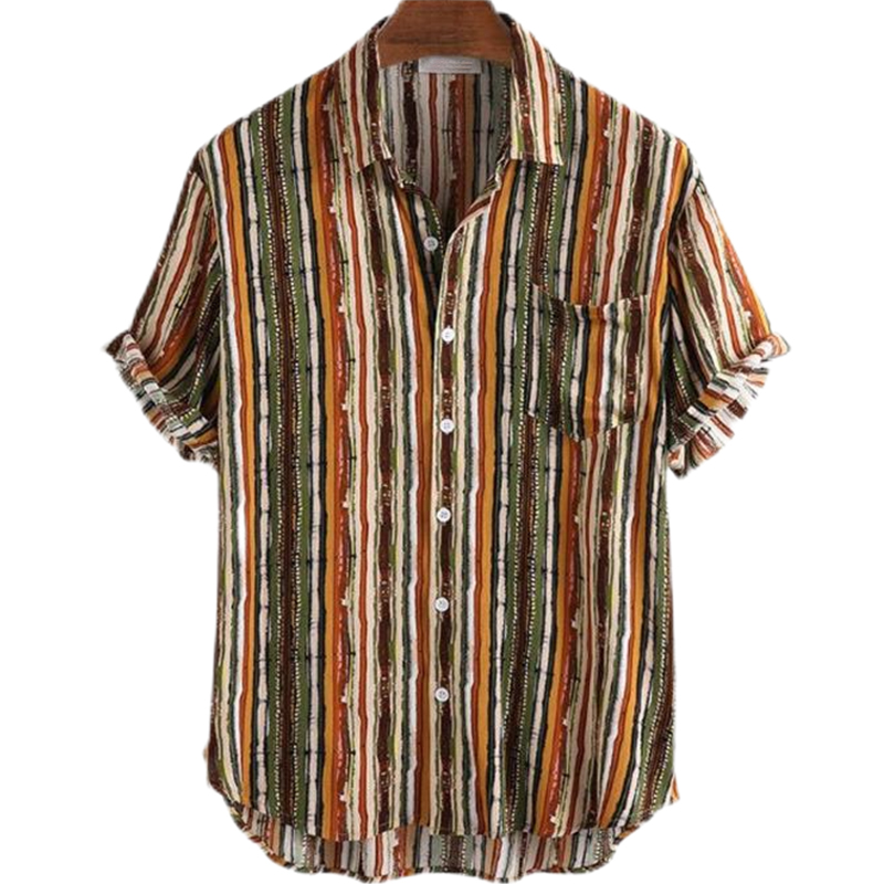 Dennis Multicolored Striped Print Linen Short Sleeve Shirt-poisonstreetwear.com