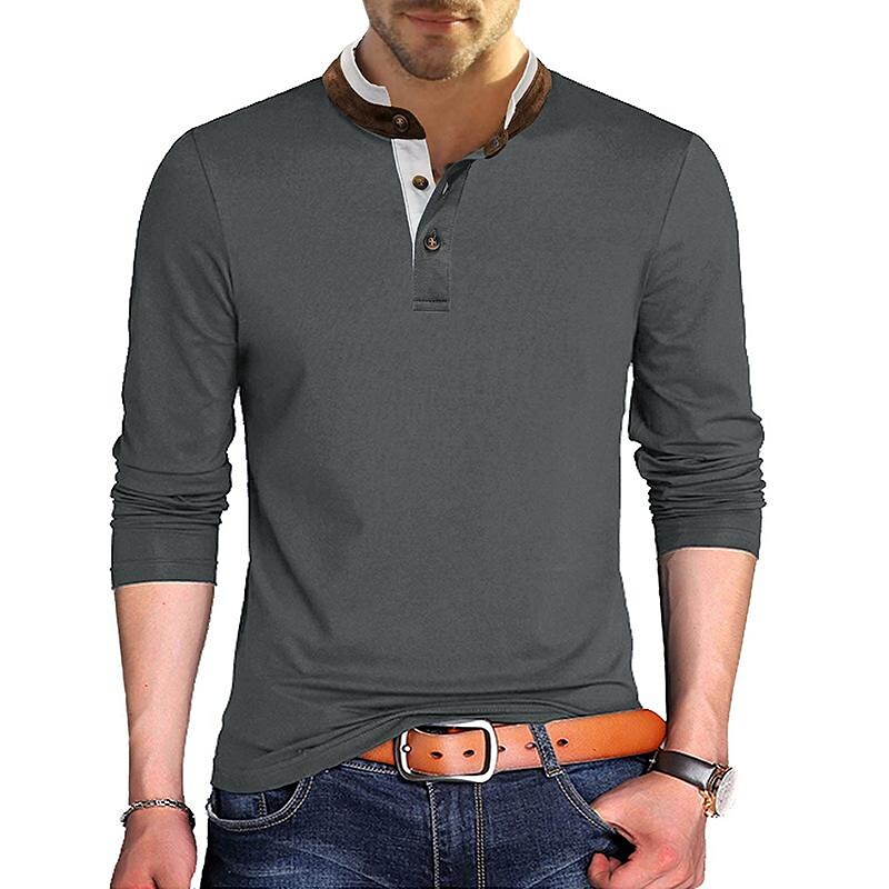 Men's Henley Solid Color Patchwork Long Sleeve T-Shirt-poisonstreetwear.com