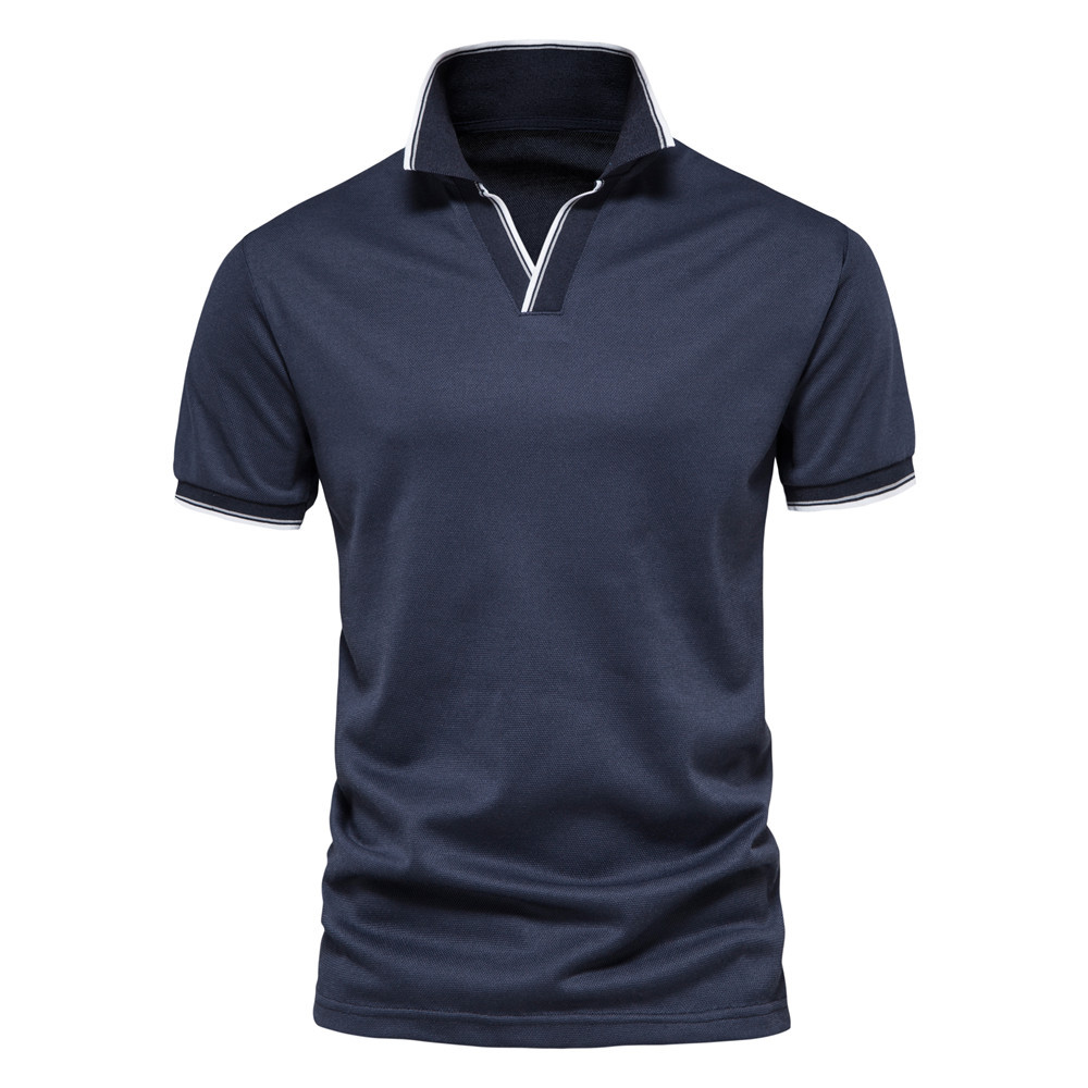 Ronald Ribbed Details Solid Color V-neck Casual Short-sleeved Polo T-shirt-poisonstreetwear.com