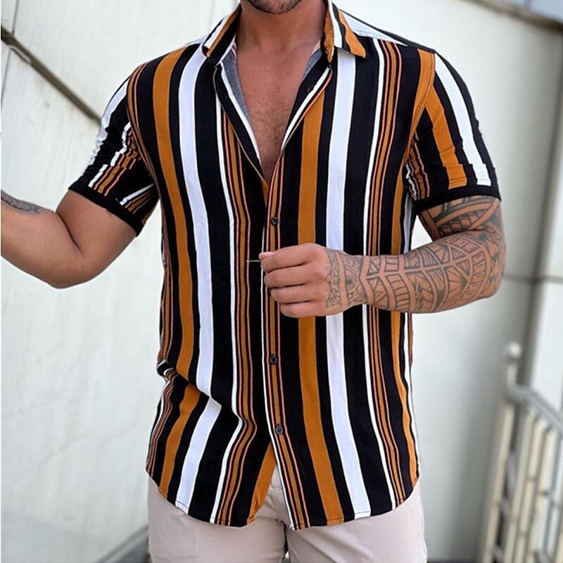 Men's Print Striped Button-Down Short Sleeve Casual Shirt-poisonstreetwear.com