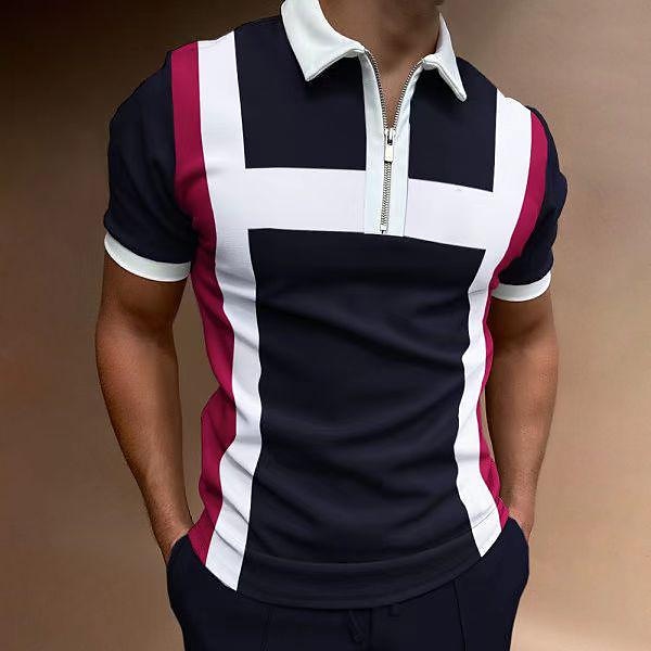 Men's Color Block Casual Zipper Short Sleeve Polo T-shirt-poisonstreetwear.com