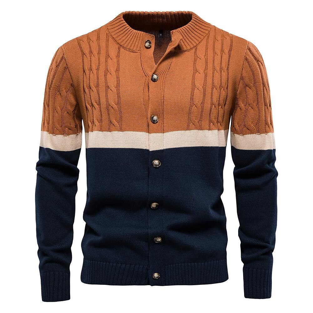 Men's Stand Collar Cotton Contrast Striped Cable Cardigan-poisonstreetwear.com