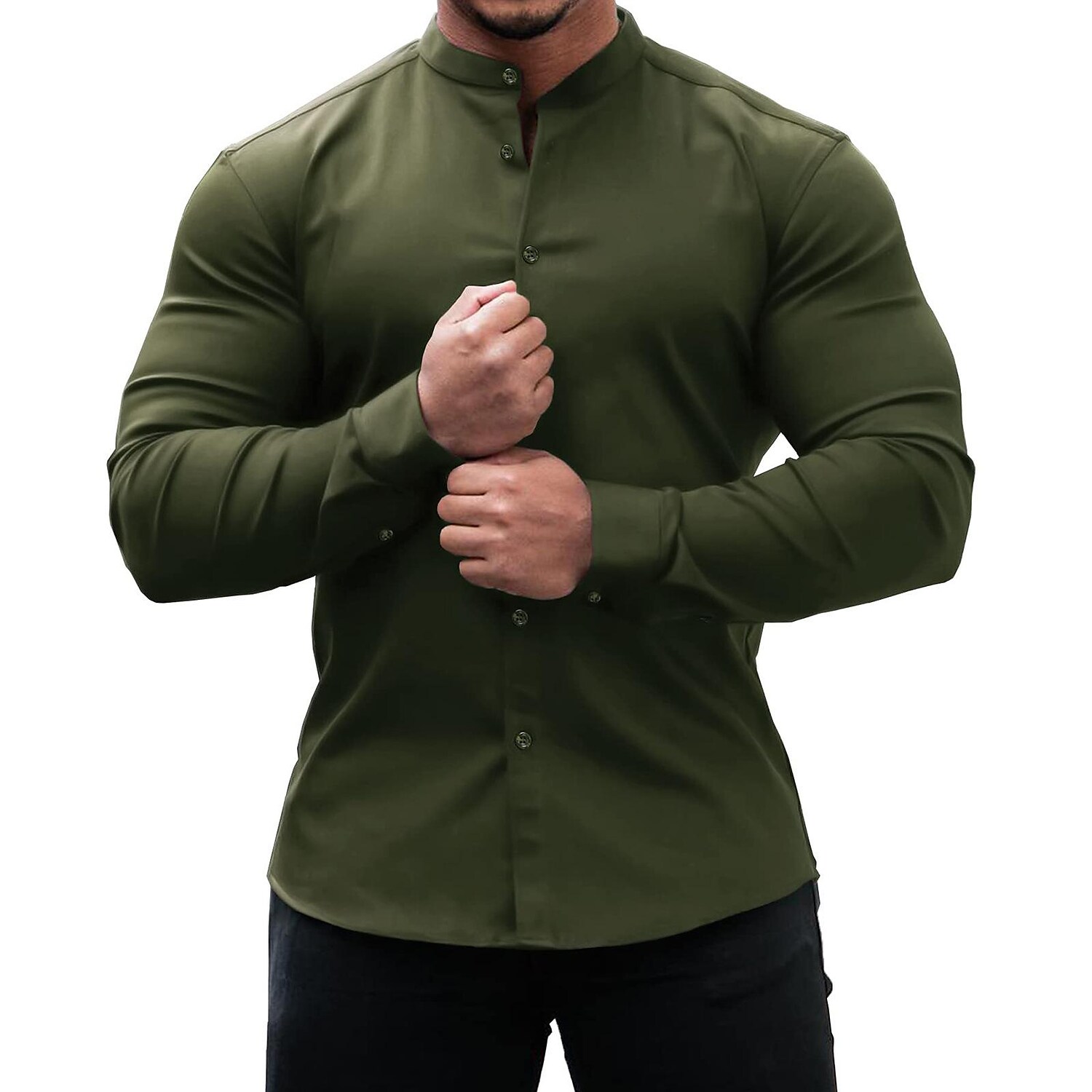 Men's Solid Color Stand Collar Slim Fit Stretch Long Sleeve Shirt-poisonstreetwear.com