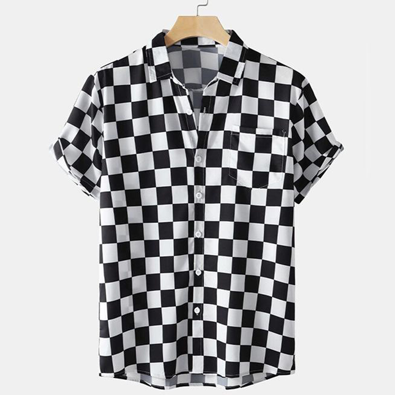Men's Checkerboard Print Short Sleeve Cardigan Shirt-poisonstreetwear.com