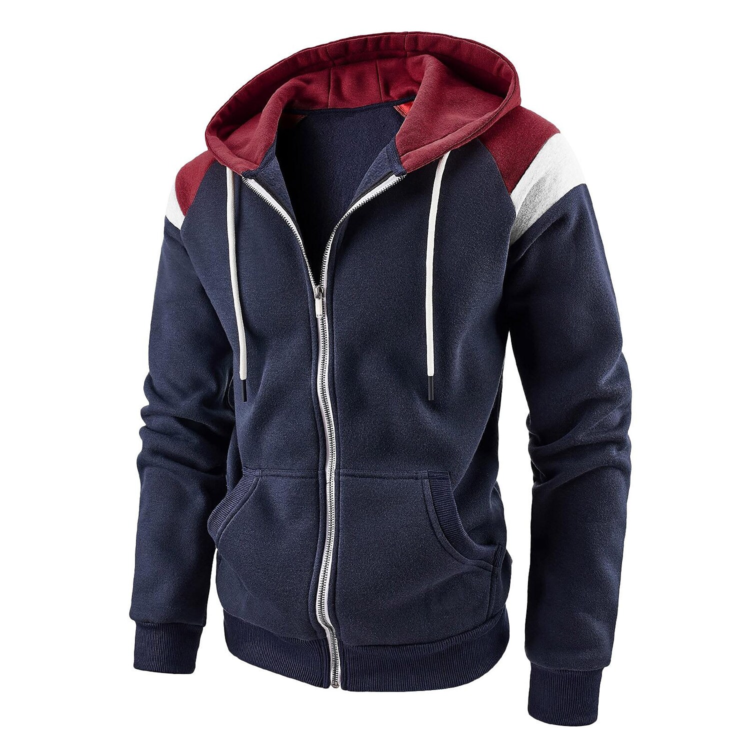 Men's Hooded Patchwork Drawstring Zip Sweatshirt Casual Retro-poisonstreetwear.com
