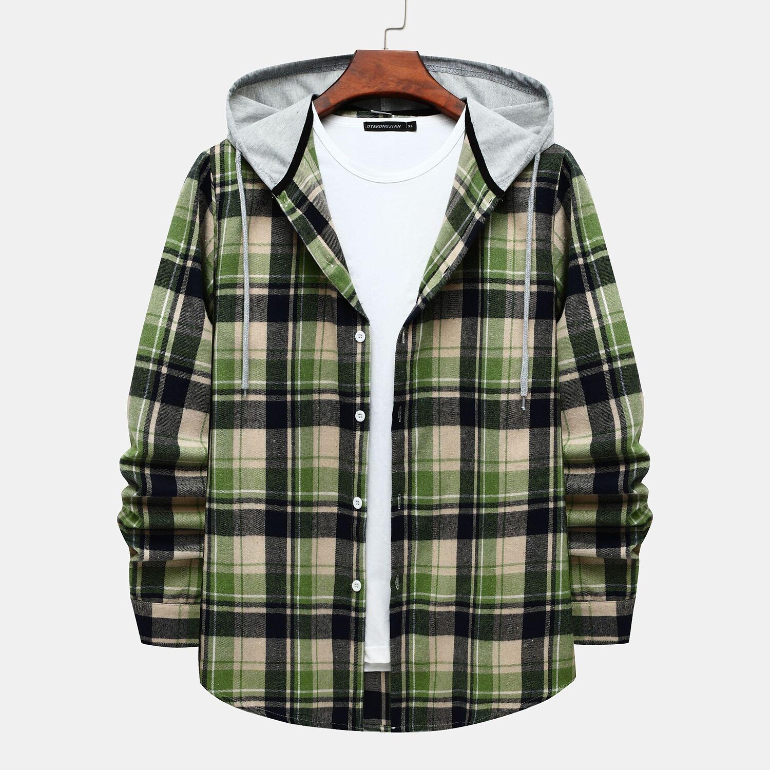 Men's Long Sleeve Flannel Brushed Check Hooded Shirt-poisonstreetwear.com