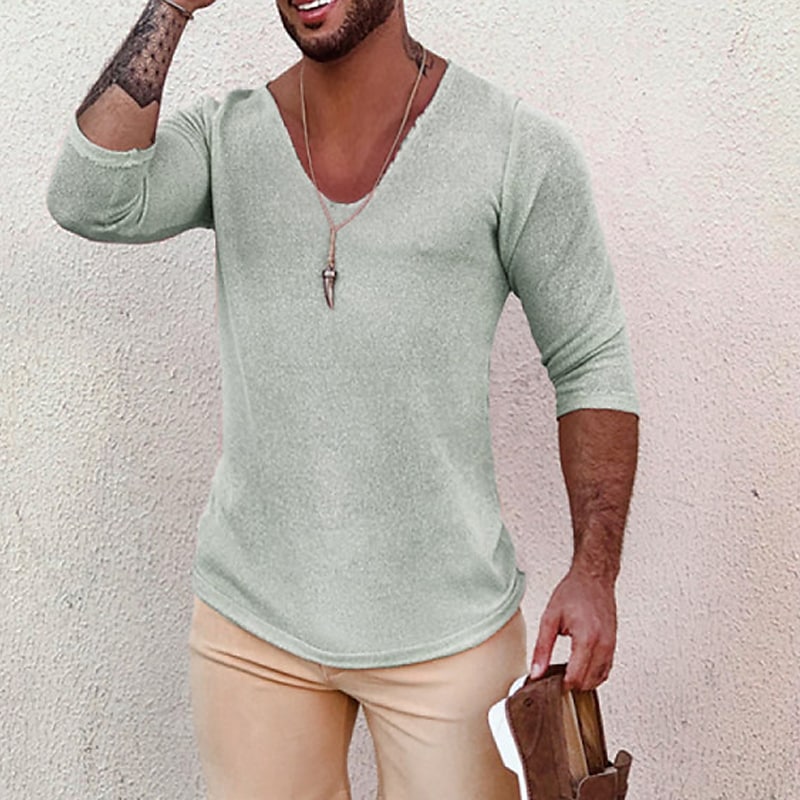 Men's Deep V Neck Breathable Linen Cotton Mid Sleeve T-Shirt-poisonstreetwear.com