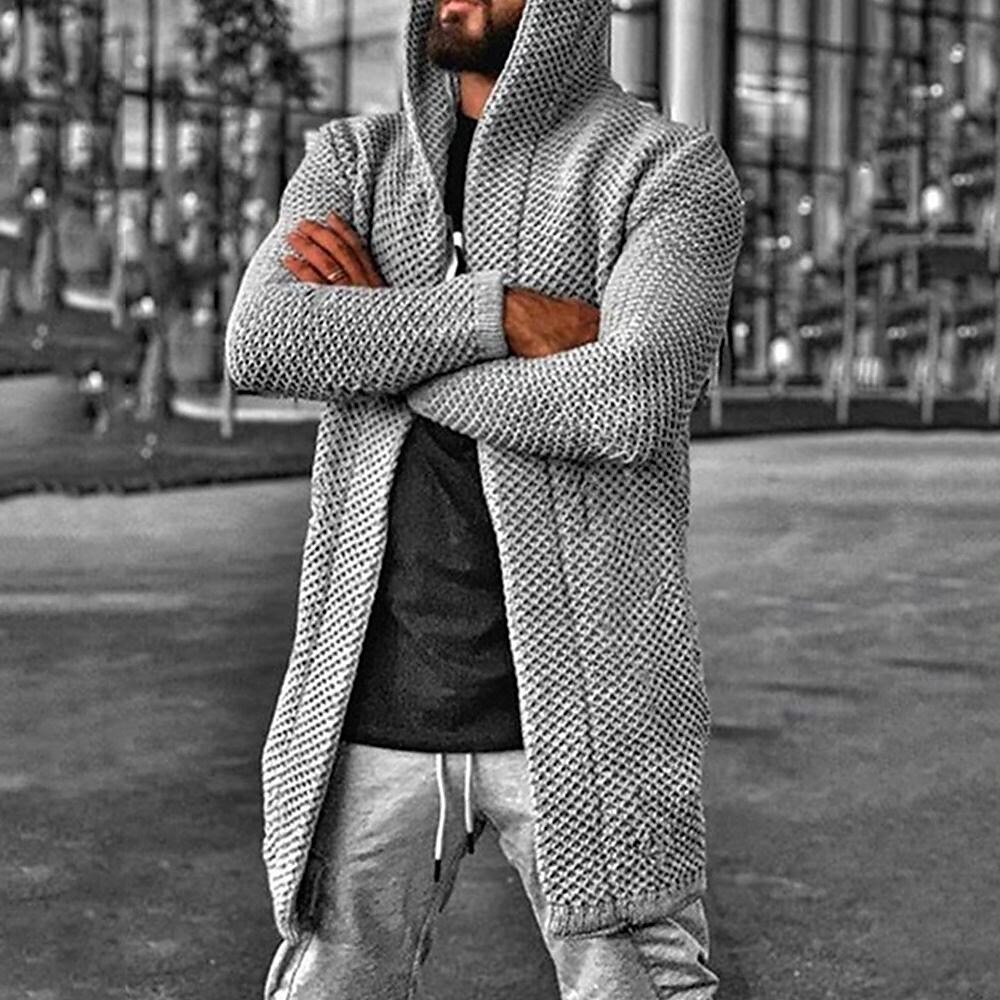 Men's Solid Color Hooded Texture Cardigan