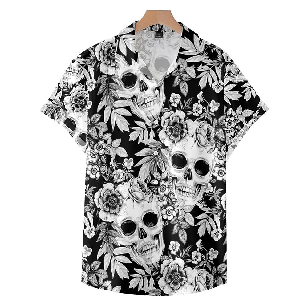 Men's Skull Print Button Up Street Short Sleeve Shirts-poisonstreetwear.com