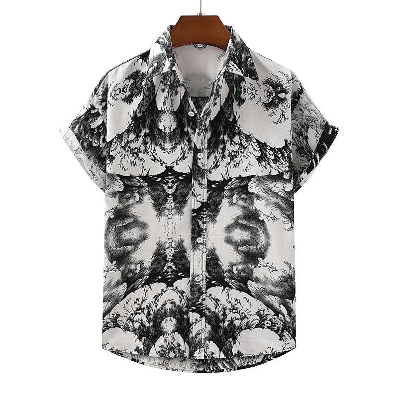 Men's Ink Print Cotton Linen Short Sleeve Shirt-poisonstreetwear.com