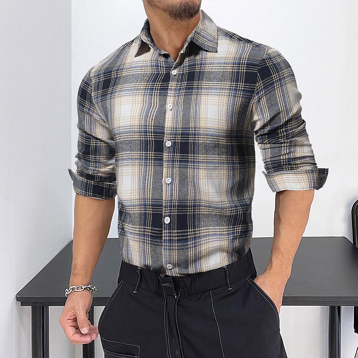 Men's Brushed Flannel Check Long Sleeve Shirt Casual Classic Gray-poisonstreetwear.com