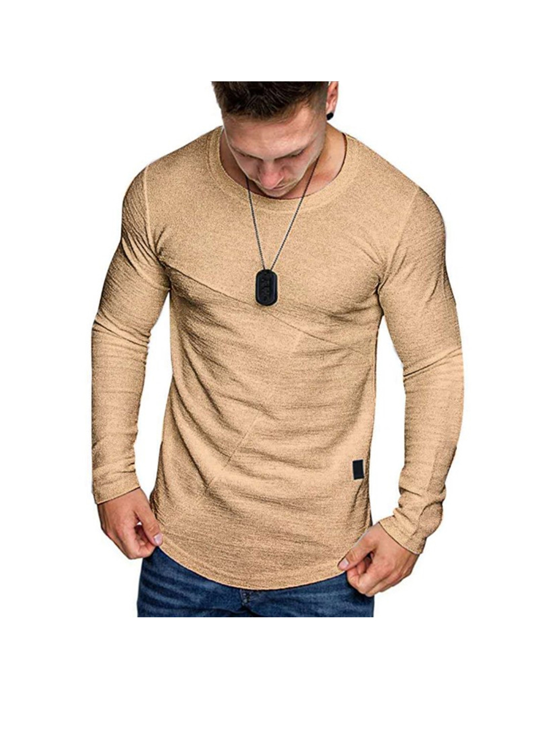 Men's Textured Solid Color Cut Detail Crew Neck Long-sleeve T-shirt-poisonstreetwear.com