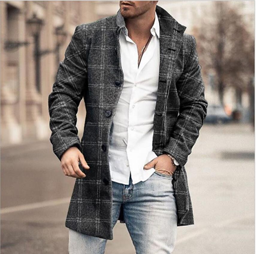 Men's Printed Check Single Breasted Overcoat Business Casual-poisonstreetwear.com