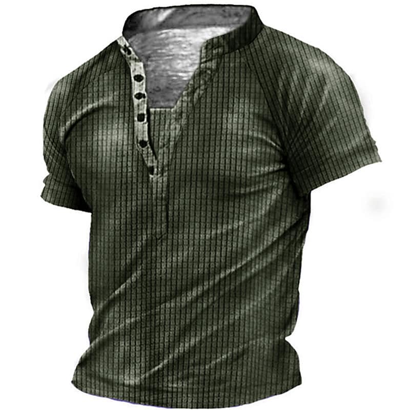 Men's 3D Print Graphic Tartan Geometry Stand Collar Button-Down Short Sleeve T-shirt-poisonstreetwear.com