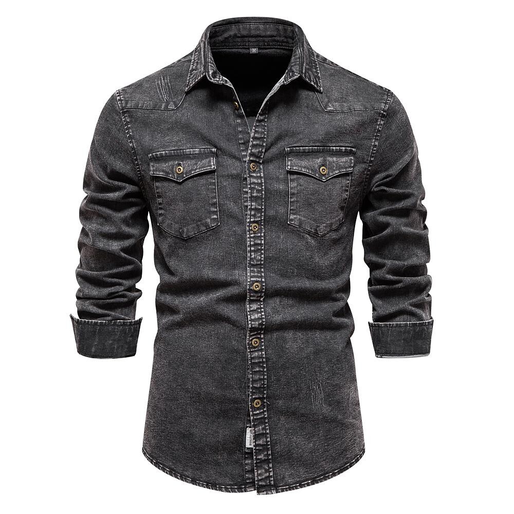 Men's Casual Non-iron Double Pocket Long Sleeve Denim Shirt-poisonstreetwear.com