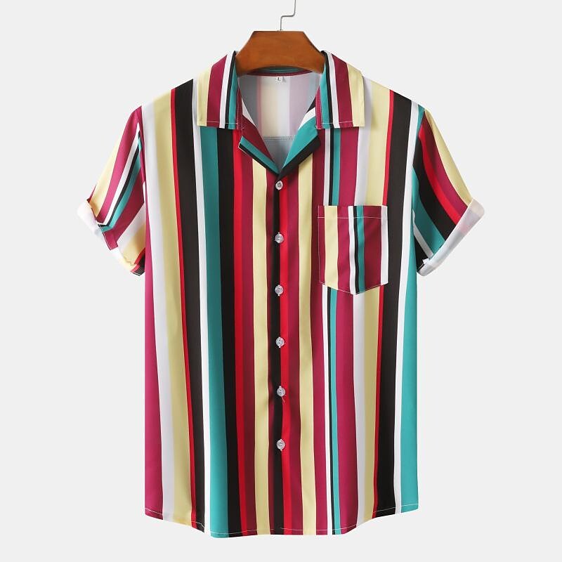 Men's Multicolored Striped Print Short Sleeve Shirt-poisonstreetwear.com
