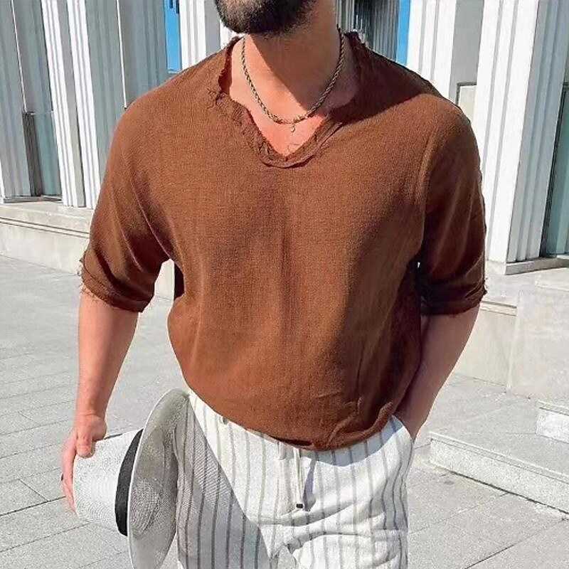 Men's Solid Color Cotton And Linen V-neck Short-sleeved Shirt-poisonstreetwear.com