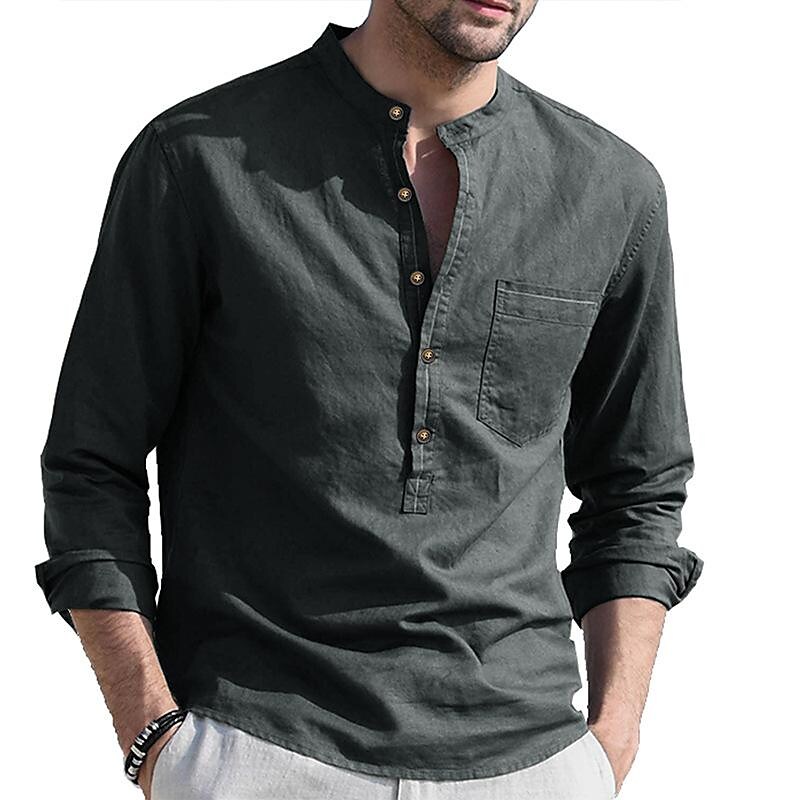 Men's Henley Collar Cotton Linen Long Sleeve Shirt-poisonstreetwear.com