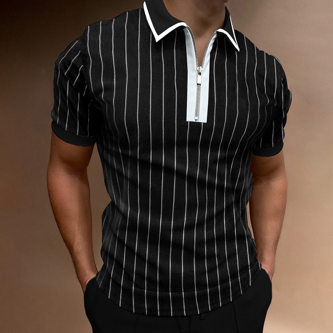 Men's 3D Print Striped Casual Zipper Short Sleeve Polo T-shirt-poisonstreetwear.com