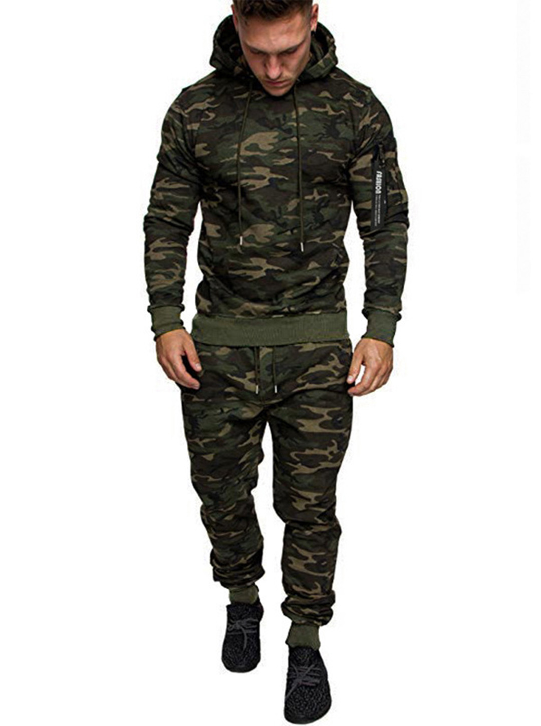 Men's Zipper Camouflage Drawstring Hoodie & Sweatpants Two Piece Set-poisonstreetwear.com