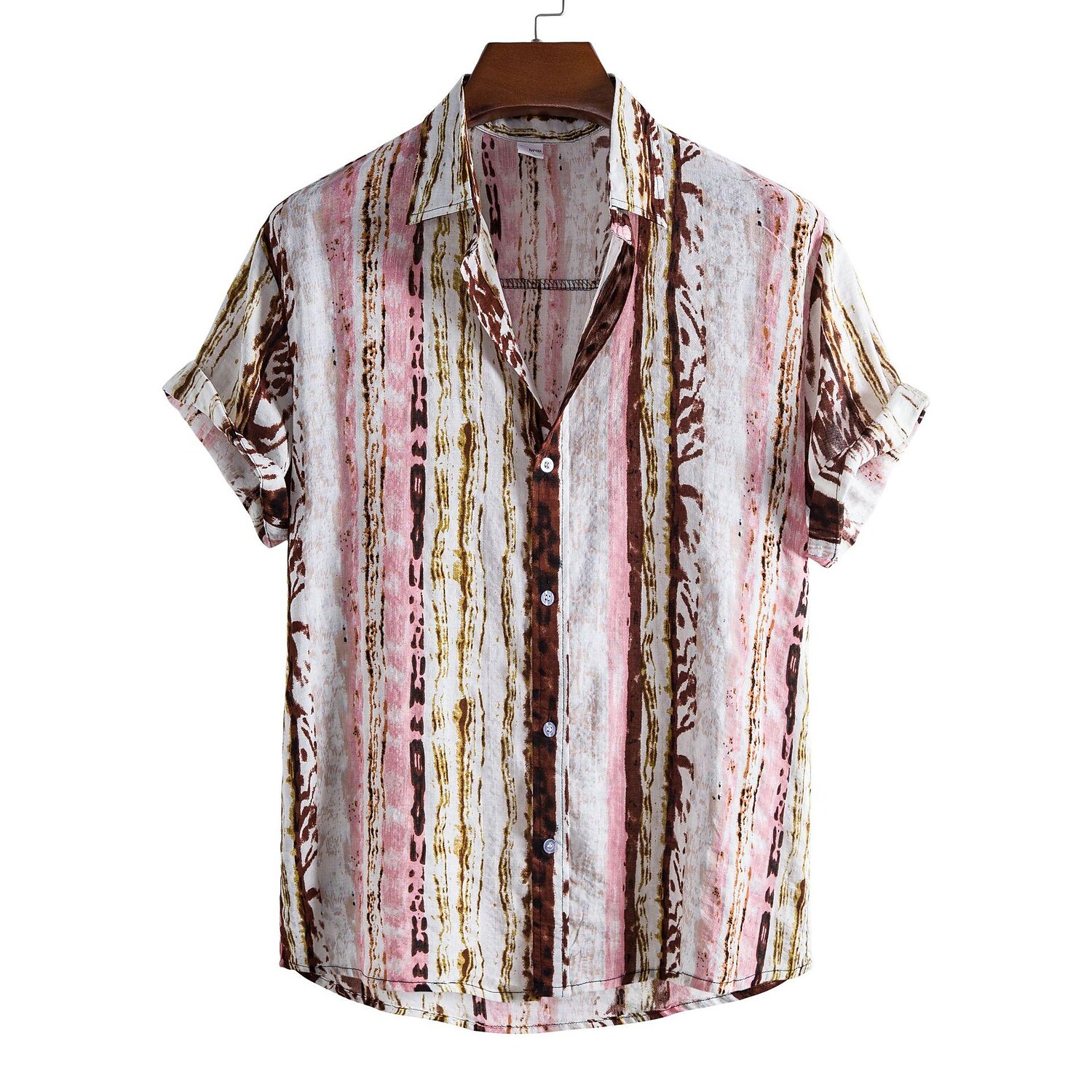 Men's Pink Striped Print Short Sleeve Shirt-poisonstreetwear.com