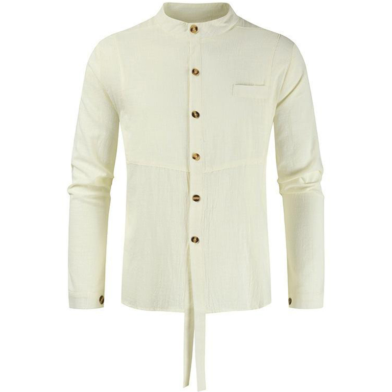 Men's Solid Color Faux Cotton Linen Stand Collar Long Sleeve Shirt-poisonstreetwear.com