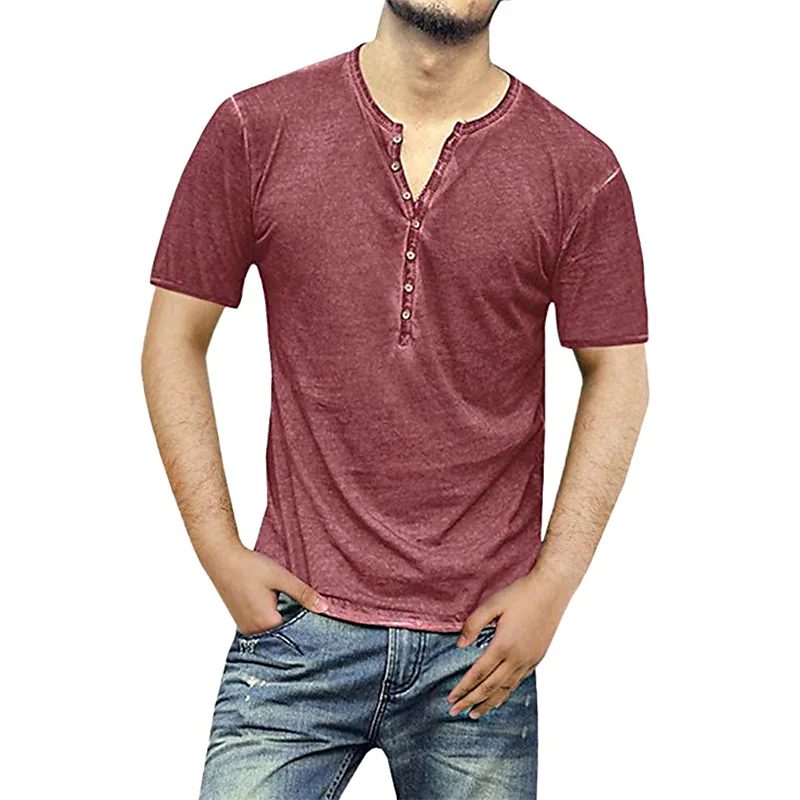 Men's Solid Color Henley Casual Short Sleeve T-shirt-poisonstreetwear.com