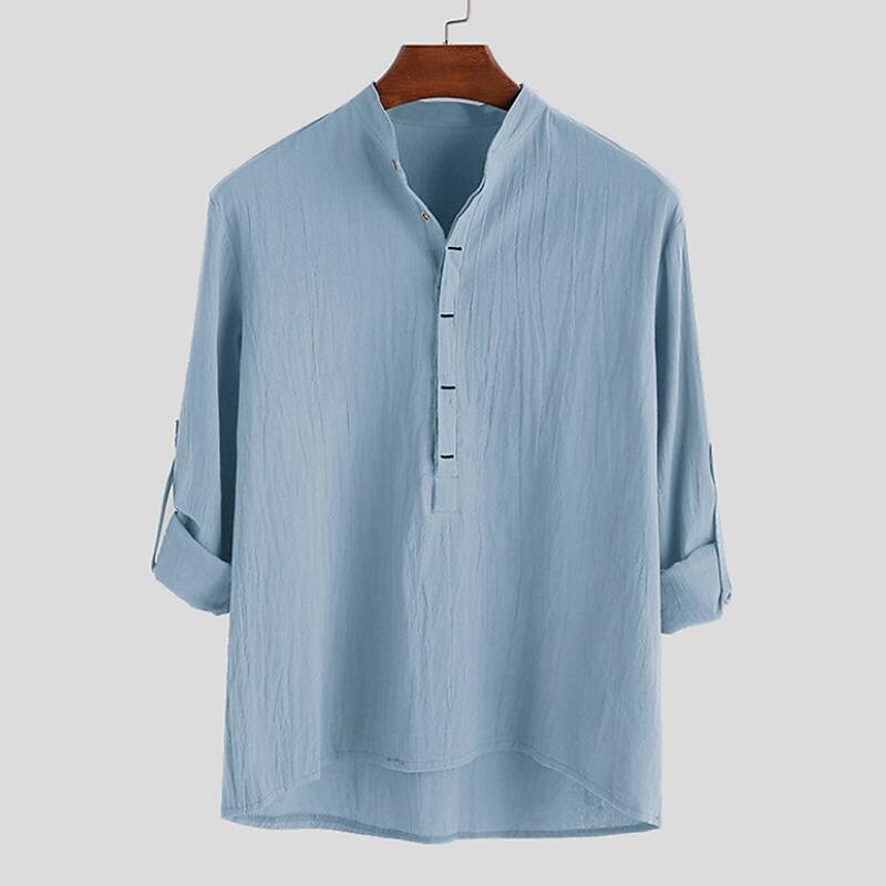 Men's Solid Color Simple Loose Stand Collar Cotton Linen Long Sleeve Shirt-poisonstreetwear.com